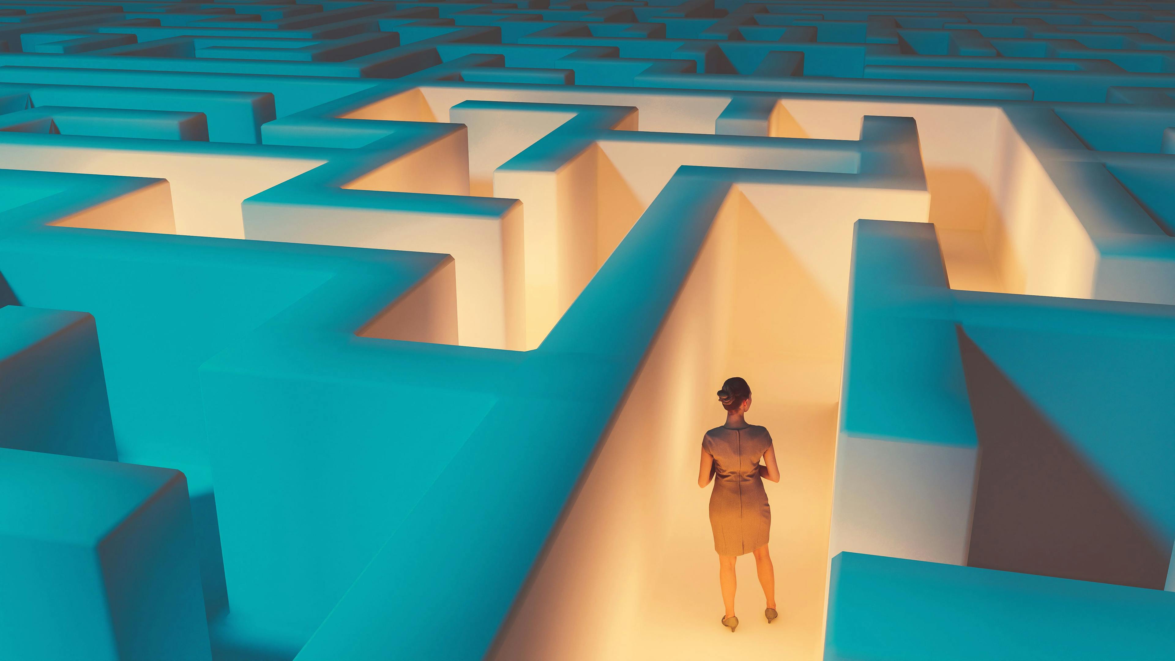 A business woman standing at the beginning of a long and intricate maze