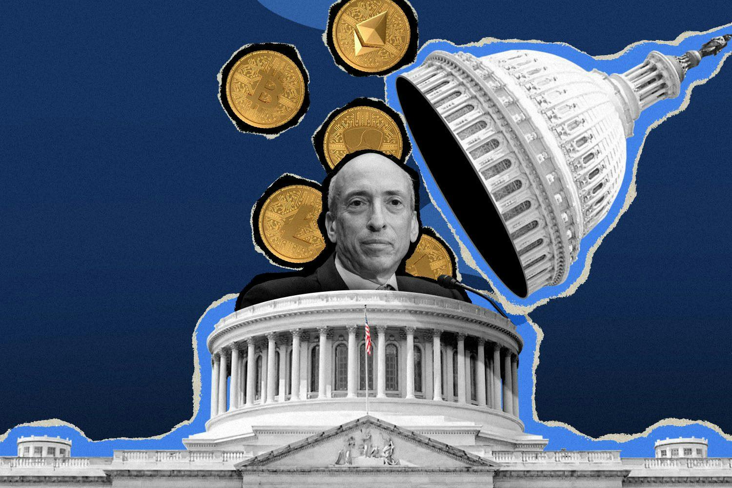 U.S. Capitol with cryptocurrency and SEC Chief Gary Gensler in illustration