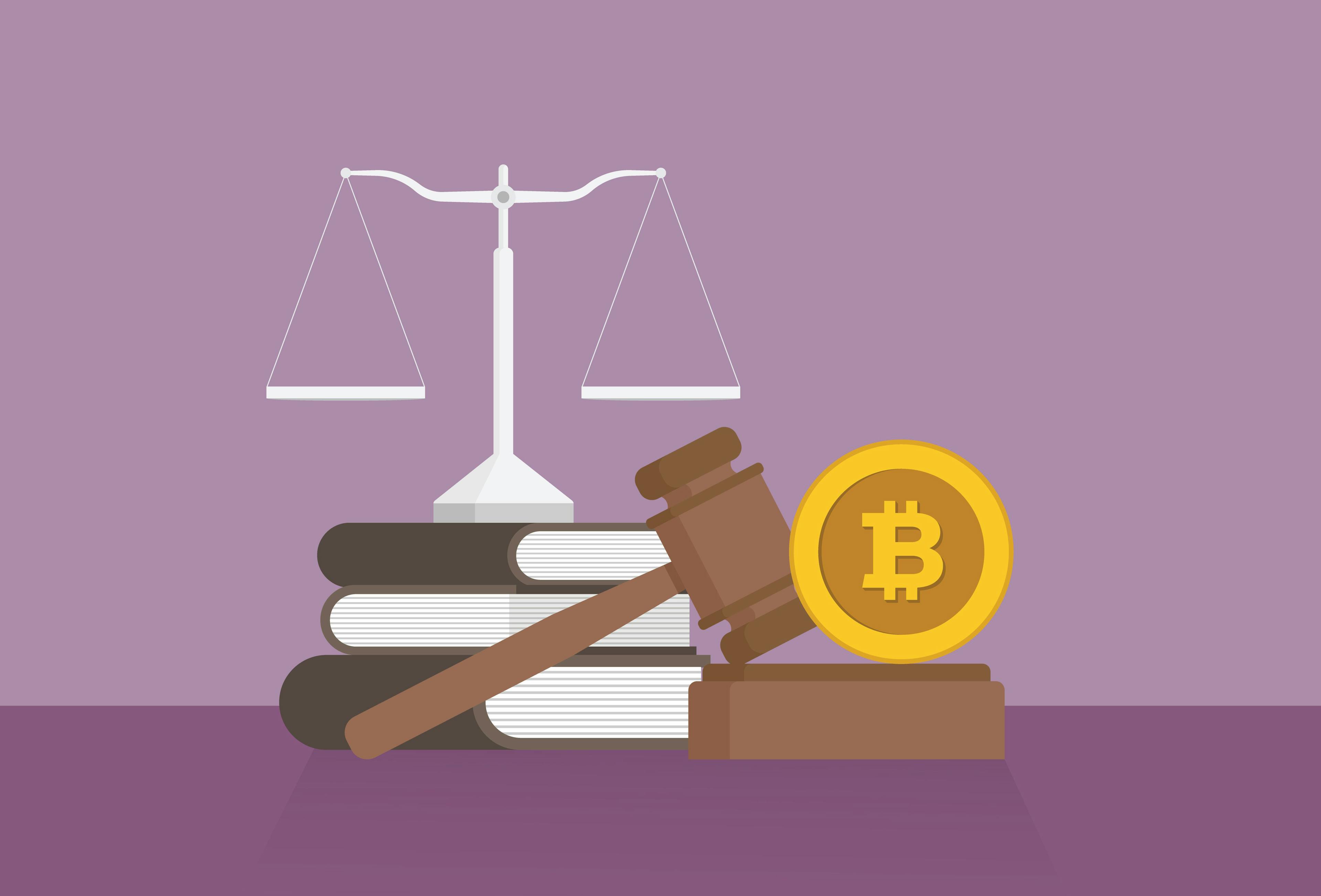An illustration with the scales of justice, a gavel and a bitcoin coin