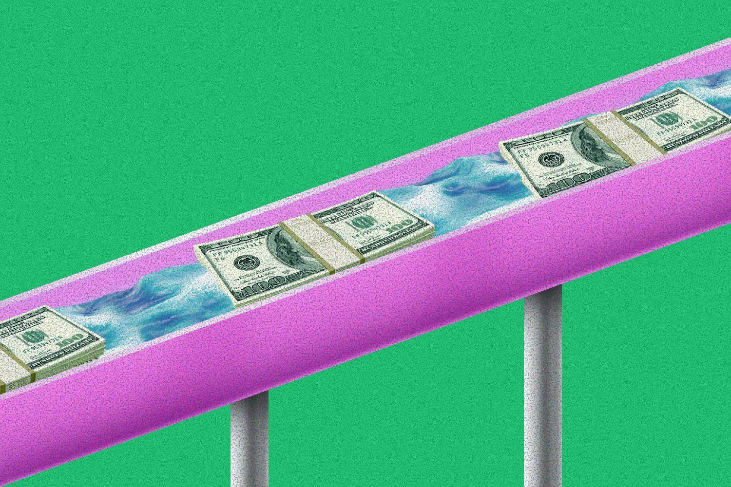 A pink water slide with stacks of hundred dollar bills sliding down it on a green background